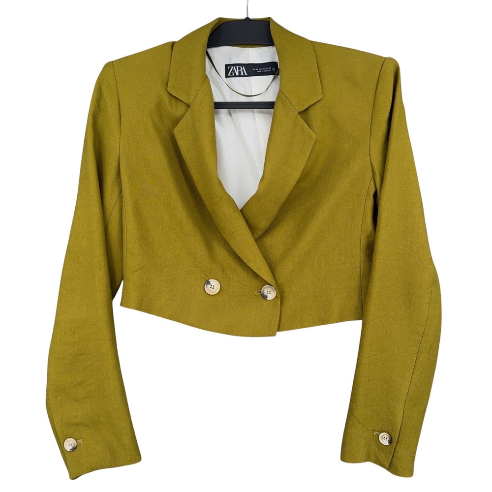 Zara Cropped Blazer Women XS Viscose Linen Mustard Yellow Double Breasted